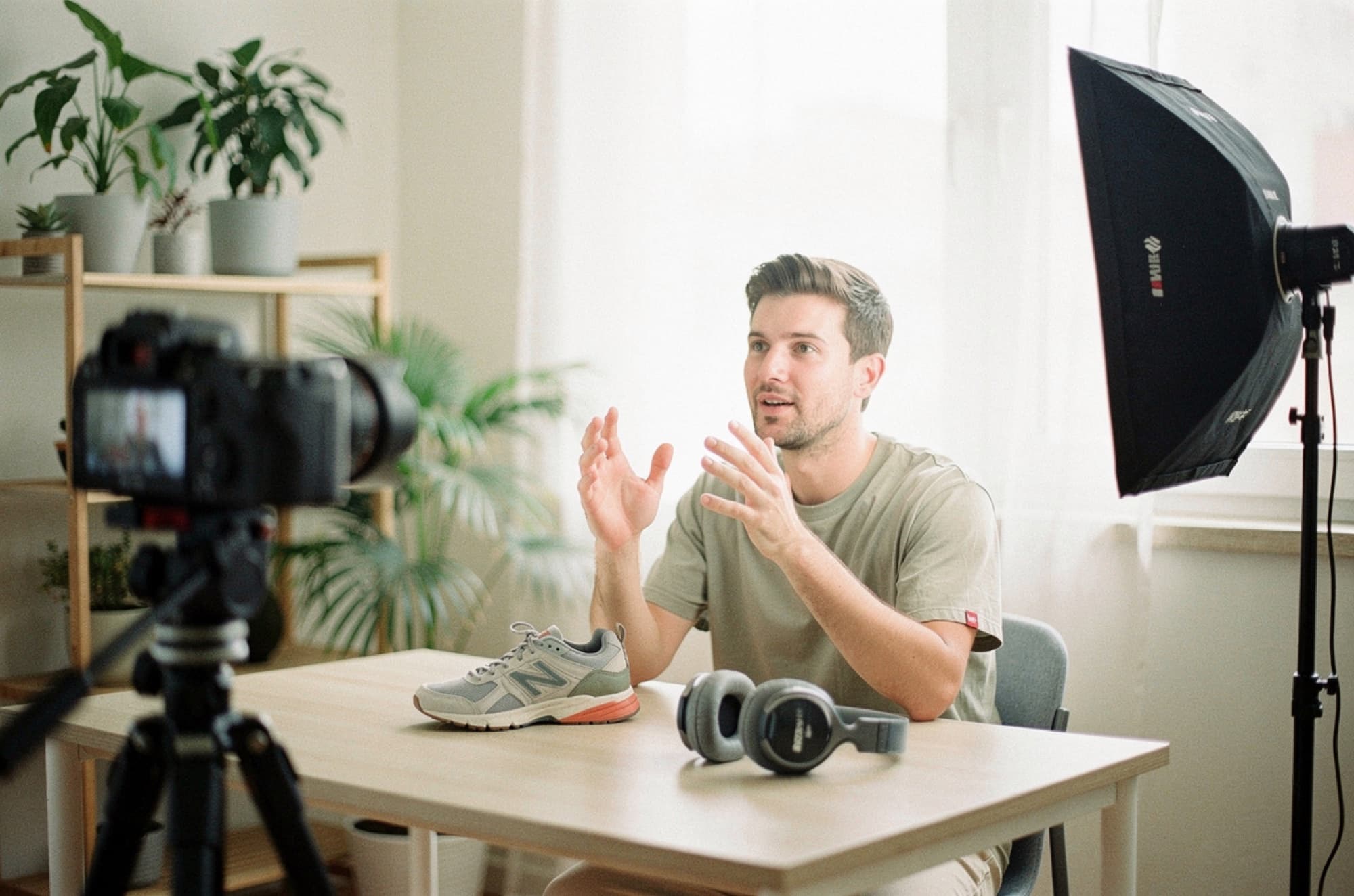 A reviewer filming a product review at his desk, camera on a tripod
